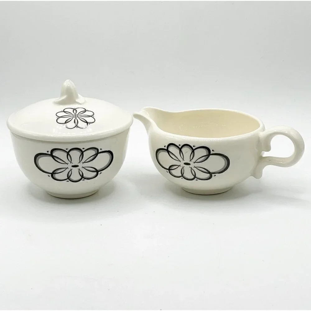 Vintage 1950s Creamer Covered Sugar Set Spencerian Scroll Taylor Smith Taylor
